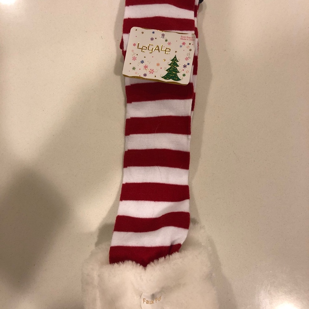 SUPER CUTE!!! Christmas Holiday Red White Striped Socks Faux Fur